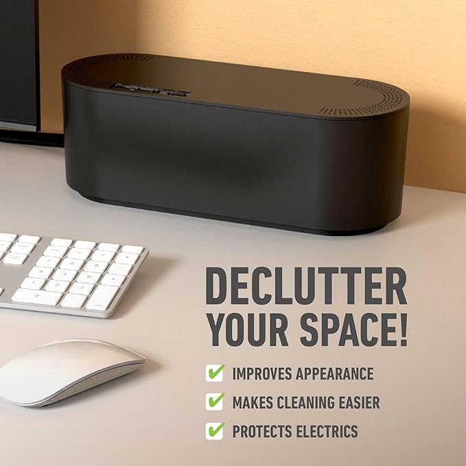 D-Line Cable Management Box, Power Strip Cover, Floor Outlet Hider, Desk Cord Organizer, Hide Extension Leads, 12.75" (L) x 5" (W) x 4.5" (H), for use with Power Strips up to 10.5in (L) - Small, Black