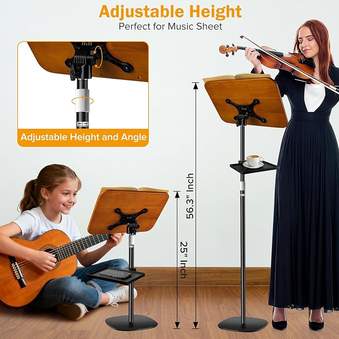 2-in-1 Adjustable Book Stand & Music Stand, 22-51in Dual-Use Floor and Desktop Book Holder Stand, Heavy Duty Solid Wood, with Elastic Page Clip for Cookbooks, Sheet Music, Tablet, Laptop, Projector