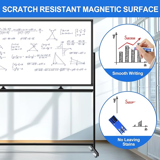 4'x8' Large Dry Erase White Board with Rolling Stand 96"x48" Double-Sided Mobile Magnetic Whiteboard on Wheels, Including 3 Magnetic Erasers, 7 Markers, 30 Magnets