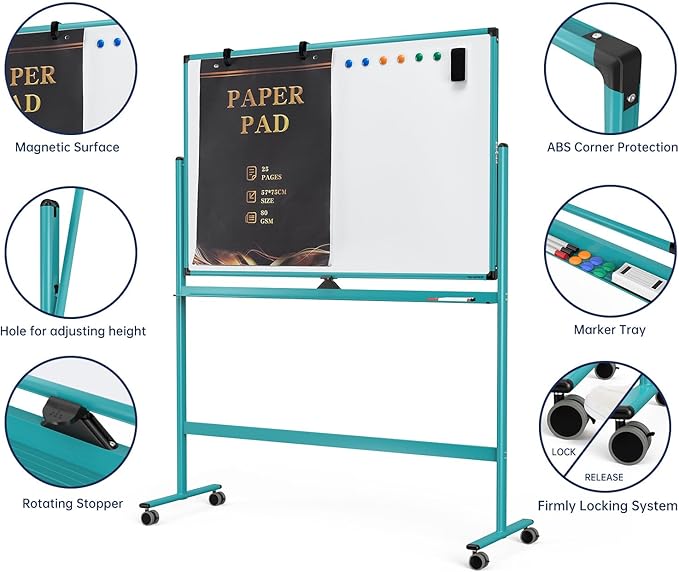 Large Dry-Erase Rolling Magnetic Whiteboard - 48 x 32 Inches Dry Erase Board with Stand Height Adjust Double Sides Mobile White Board Easel on Wheels with 25 Sheets Paper Pad Office, Home & Classroom