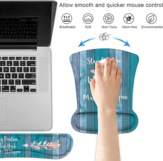 Keyboard Wrist Rest and Mouse Pad Wrist Support Set with Coasters, Stay Positive Work Hard and Make It Happen Inspirational Quote Wrist Mouse Pad with Non-Slip PU Base for Home Office Working Studying