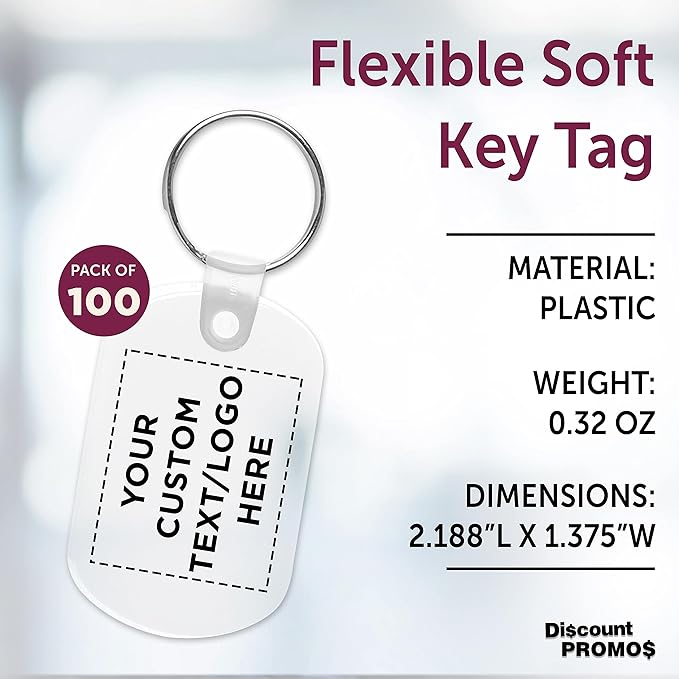 DISCOUNT PROMOS Tag Soft Plastic Keychains - 100 pack - Customizable Text, Logo - Small Key Tag Chain For Staying Organized - Rubber Key Ring Keychain – Clear