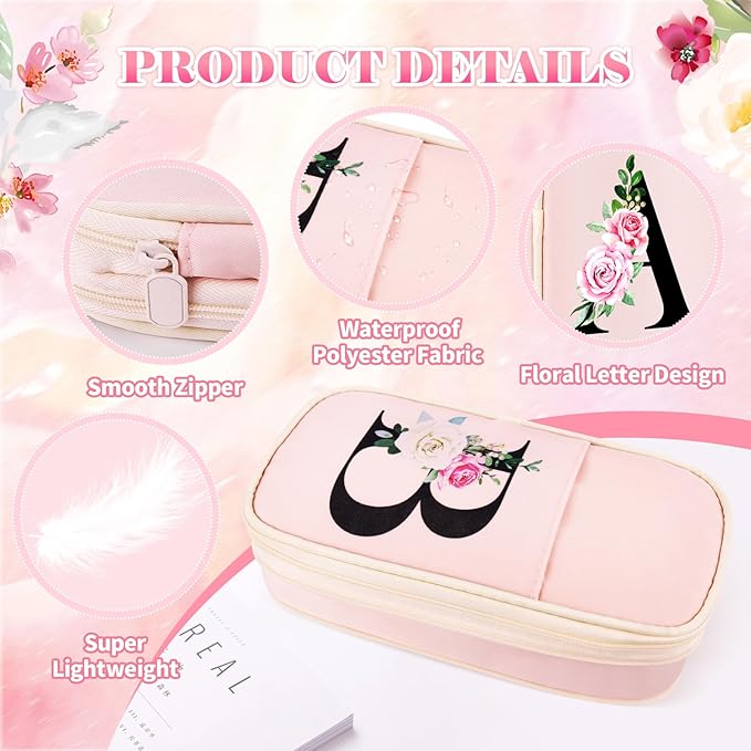 Preppy Pencil Case for Girls, Cute Large Pencil Pouch, Personalized Initial Pencil Bag with Zipper for School College Office Supplies, Back to School Supplies Gifts for Teen Girls (A, Pink)