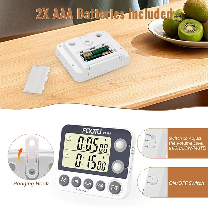 Digital Dual Kitchen Timer with Magnetic Back & Memory Presets, 2 Groups Countdown/Up Stopwatch Timer, 3-Level Volume + LED Alert, On/Off, 100Hr Max for Cooking, Baking (Battery Included)