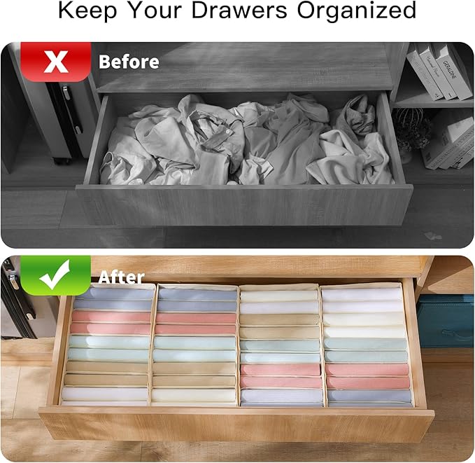 Qozary 4 Pack Drawer Organizers for Clothing, 10 Grids Foldable Dresser Drawer Organizers, Clothes Organizer for Folded Clothes, T-shirt, Tank Tops, Camisoles, Underwear, Leggings, Baby Clothes