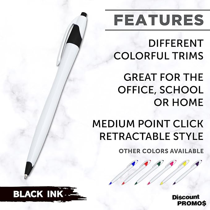 DISCOUNT PROMOS Slim Curvy Ballpoint Pens Set of 10, Bulk Pack - Black Ink, Retractable, Great for Office, School, Tradeshows - Black