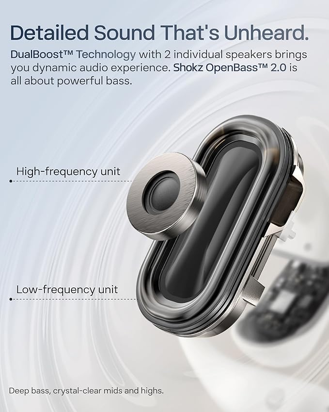 SHOKZ New OpenFit 2+ Open-Ear Headphones, Dolby Audio Enabled, Comfortable Earbuds with Soft Ear Hooks, 48H Playtime, IP55 Water-Resistant, USB-C Fast Charging, Wireless Charging, Carrying Bag, Black