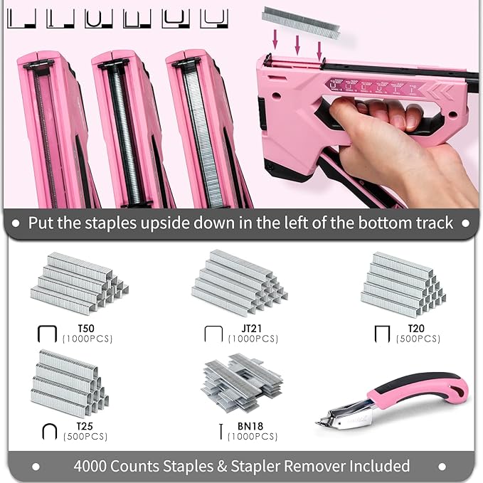 SHALL 6-in-1 Staple Gun Heavy Duty - Pink Upholstery Stapler Nail Gun with 4000 Counts Staples, Women Manual Brad Nailer with Stapler Remover for Wood, Crafts, Fabric, Decoration, Carpentry, Furniture