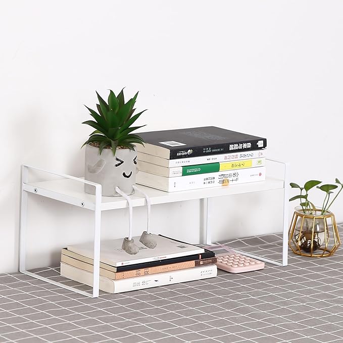 YGYQZ Wood Office Desk Shelf Organizer - Desktop Supplies Cute Dresser Top Organization Storage Rack and Cubicle Decor Aesthetic Bookshelf for Women Man and Kids(White-Single Tier)