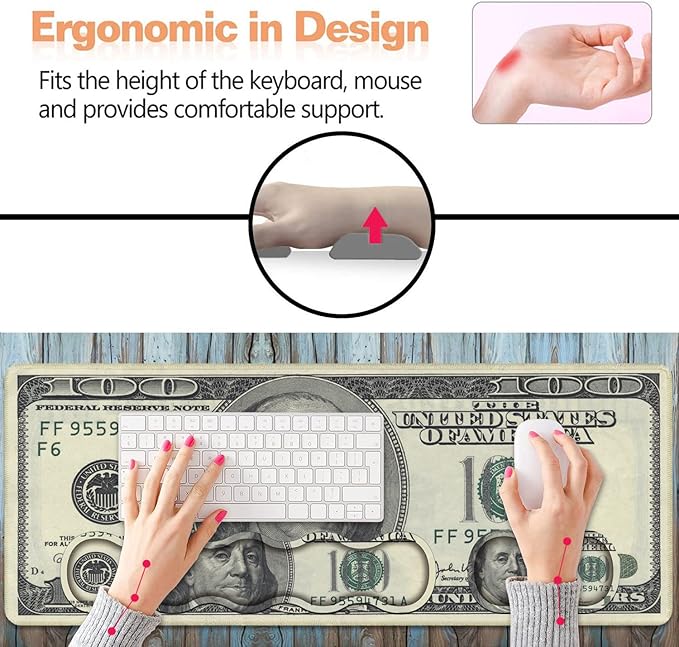 Ergonomic Keyboard Wrist Rest and Mouse Pad Wrist Rest Set, Large XXL Gaming Mousepad 31.5"x 11.8", Memory Foam, Easy Typing Pain Relief, Multifunctional Desk Mat for Office & Home, 100 Dollar Bill