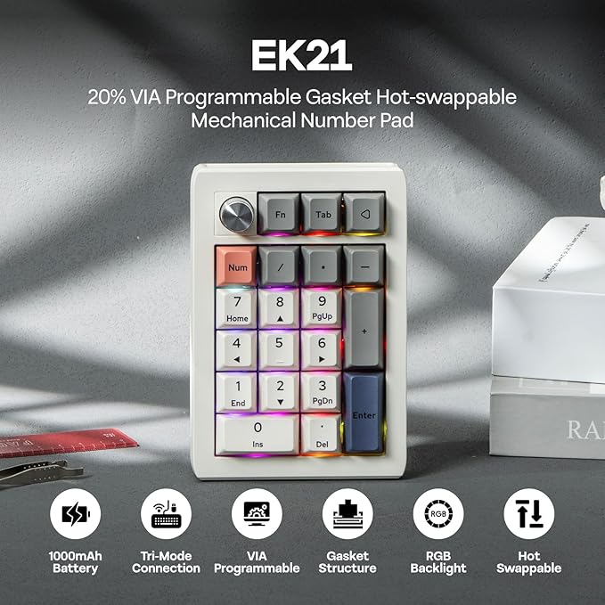 EPOMAKER EK21 VIA Gasket Number Pad with 1000mAh Battery, BT 5.0/2.4GHz/Wired Hot-Swap Numpad with Aluminum Alloy knob, Programmable for Win/Mac/Gaming (Retro White, Zebra Switch)