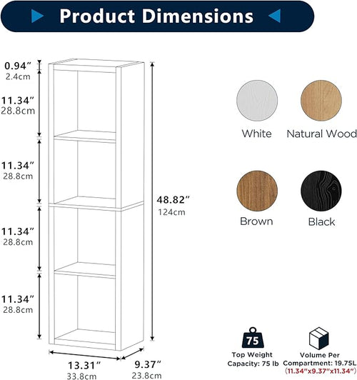 4 Cube Storage Organizer Single Row, Cube Shelf with Heavy-Duty Thick Boards, 13.31" L x 9.37" W x 48.82" H, Smooth Easy-Clean Panels, Simple Assembly, for Living Room Bedroom Office, Brown