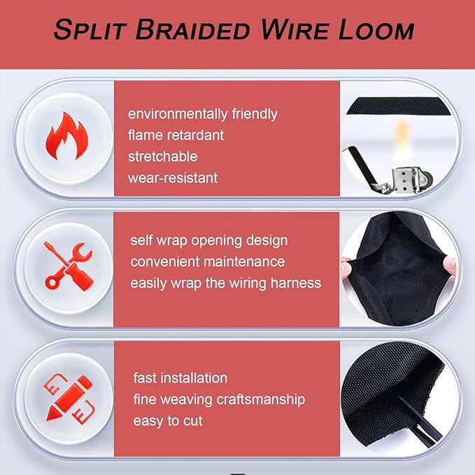 Split Mesh Cord Sleeve Loom Tubing Cable Cover Braided Cable Management Auto Protective Wire Harness Wrap Self Wrapping Woven 3/16"-35ft