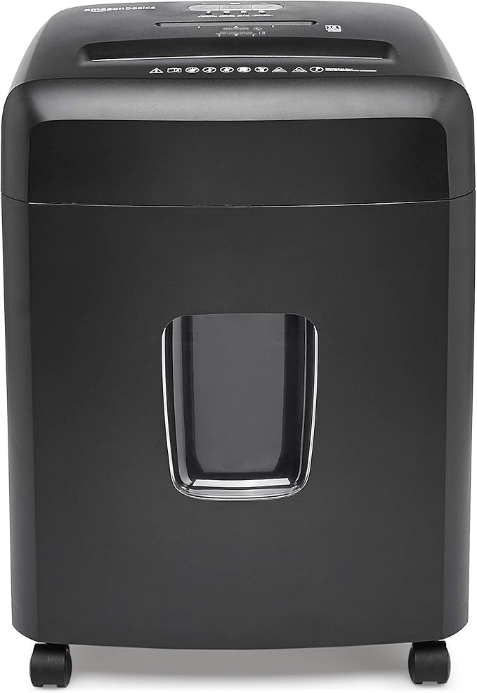 Amazon Basics Paper Shredder for Home and Office, New Model 15-Sheet Cross Cut, CD/Credit Card Shredder, 6 Gallon Wastebasket, Black