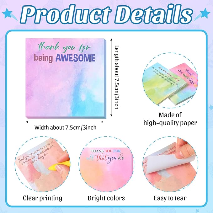 Yinder 24 Pcs Employee Appreciation Sticky Notes New Year Gift Bulk Motivation Sticky Note Pads Inspirational Gift for Teacher Nurse Staff Coworker Office Supply 3 x 3'' (Appreciation,Watercolour)