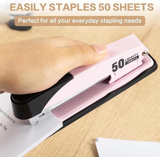 Deli Stapler Heavy Duty, Full Strip Staplers for Desk with 2000 Staples and Staple Remover, 50 Sheet Capacity, No Jam, Non-Slip Office Stapler with Staples for Office, Classroom, Pink