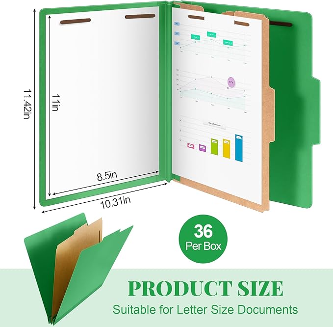 Skyygemm 36 Pcs Classification Folders Letter Size, 1 Divider Pressboard File Folder with Fasteners, Expanding File Organizer Bulk for Teachers, Clergy, Office, Church, Christmas Donations (Green)