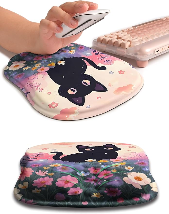 Hokafenle Ergonomic Wrist-Hugging Mouse Pad Wrist Support, U-Shaped Holding Wrist Rest Mousepad for Carpal Tunnel Pain Relief with Cushioned Memory Foam Slope Massage Bulge (10.2x8.3 in,Flower Cat)
