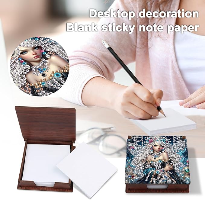 Wooden DIY Fairy Beauty Diamond Art Notecard Box – DIY Gem Art Sticky Note Holder for Adults 160 Sheets Memo Pad Storage