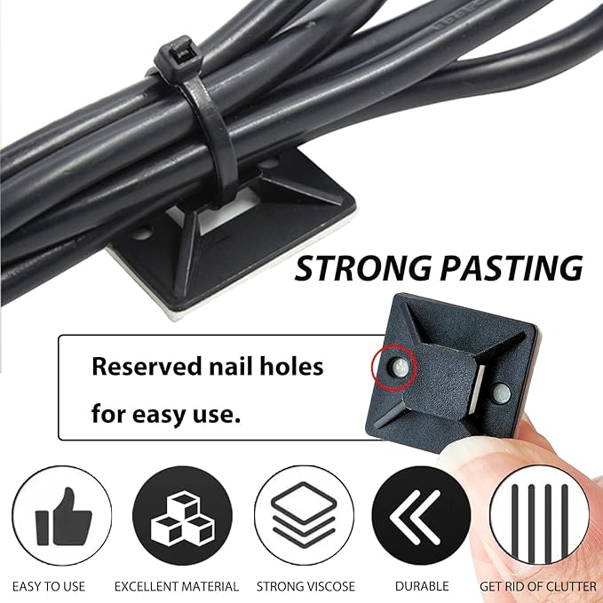 340 Pcs Self Adhesive Cable Zip Tie Mounts Set | 170 Pcs Cable Tie Mounting Base,3/4" | 170 Pcs Zip Ties,8" | Black,Cable Clip,Wire Management Clips,Wall Ties Fixing Mount,Wire Holders for Cables