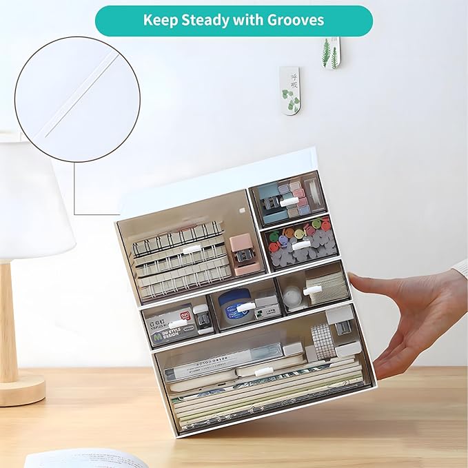 Desk Organizer and Storage with 1 Deep Drawer, Plastic Stackable Desktop Accessories & Workspace Organizer for Office Stationary Bathroom Craft Makeup, White