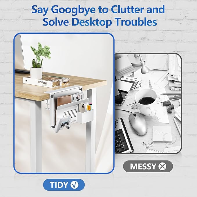 Litwaro Desk Side Storage, No Drill Laptop Holder with Magnetic Pen Holder, Under Desk Laptop Mount with Sticky Headphone Holder, Hanging Desks Organizer Fits Flat Edges 0.4" to 2" (White)