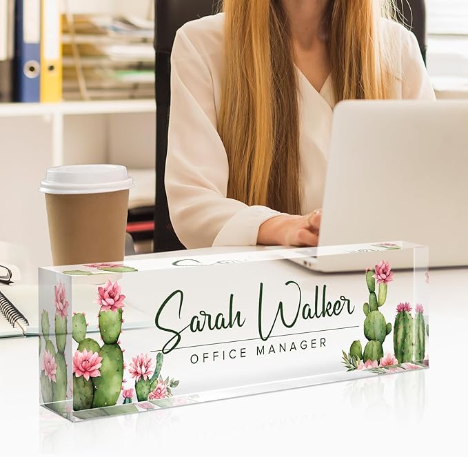 Custom Name Plate for Desk - Desk Name Plate Personalized - Office Desk Accessories - Employee Teacher Appreciation Gifts for Coworkers - Acrylic Cactus Office Desk Decor - Office Gifts for Women Men