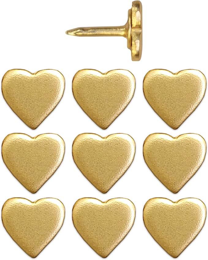 Mini Gold Heart Push Pins - Mini Gold Metal Heart Map Pins - for Cork Board, Maps, or Lapel Pin Use - Designed in USA - Set of 10