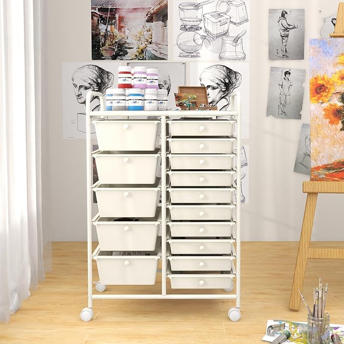ARLIME 15-Drawer Storage Cart, 15 Drawer Trolley, Rolling Organizer Cart, Scrapbook Paper Organizer, Suitable for Office and School, Rolling Office Storage Tools (White)