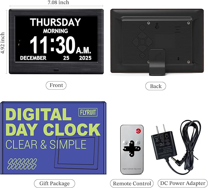 7'' Dementia Clock For Seniors, Large Display Digital Clock With Date, Time, Day Of Week for Elderly, Alzheimer, 1024*600P HD, 10 Reminders & 7 Alarms, Auto Dimming & DST, Remote Control, Woodgrain