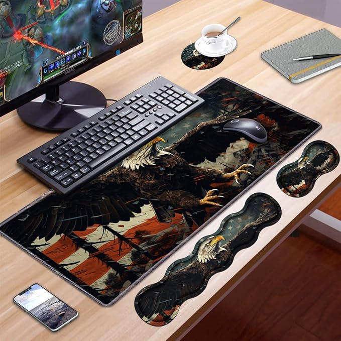 Ergonomic Keyboard Wrist Rest & Mouse Pad Wrist Rest Set,Large XXL Gaming Desk Mat 31.5"x 11.8",Non-Slip Base, Memory Foam,Easy Typing Pain Relief for Office & Home,Patriotic American Flag Bald Eagle