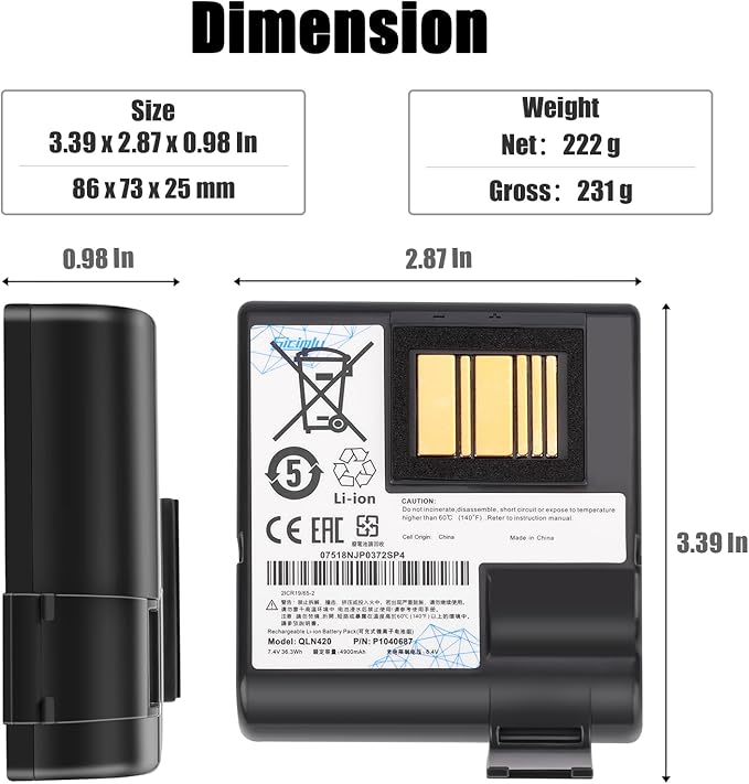 for Zebra QLN420 ZQ630 Battery,Compatible for Zebra Label Printer QLN420 ZQ630 ZQ630 Plus,ZQ63-AUWA000-00 ZQ63-ACFAC10-00,P1040687 P1050667-016 P1089760-002 BTRY-MPP-68MA1-01, Li-Ion 4900mAh.