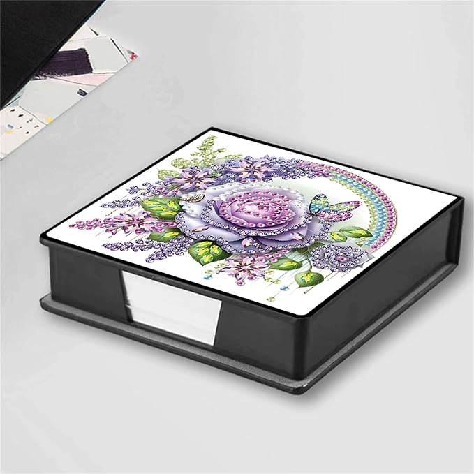 Flower Diamond Painting Note Box Memo Pad Holder, Rose Diamond Art Sticky Notes Organizer for Desk, Aesthetic Stationery Storage Case for Office,School Supplies (Rose)