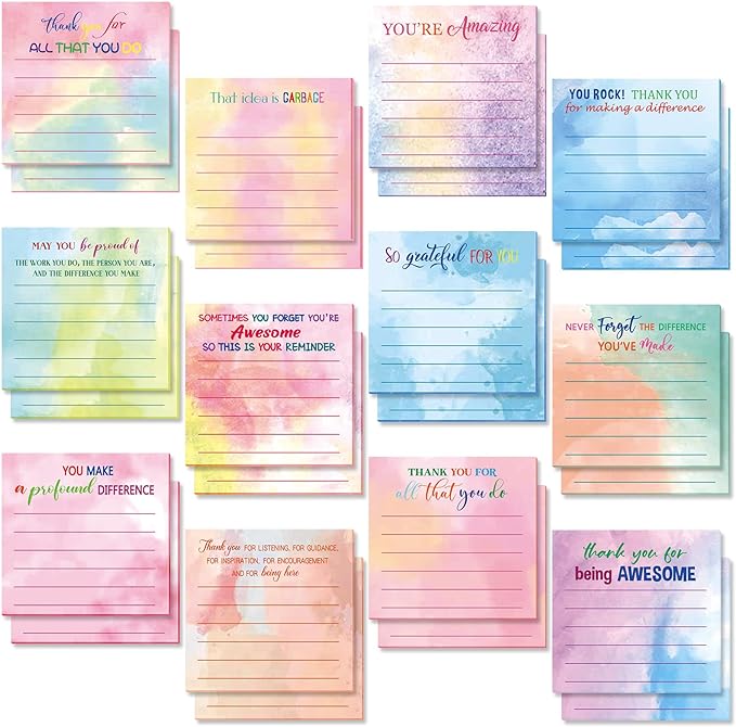 Yinder 24 Pcs Employee Appreciation Sticky Notes New Year Gift Bulk Motivation Sticky Note Pads Inspirational Gift for Teacher Nurse Staff Coworker Office Supply 3 x 3'' (Appreciation,Watercolor)