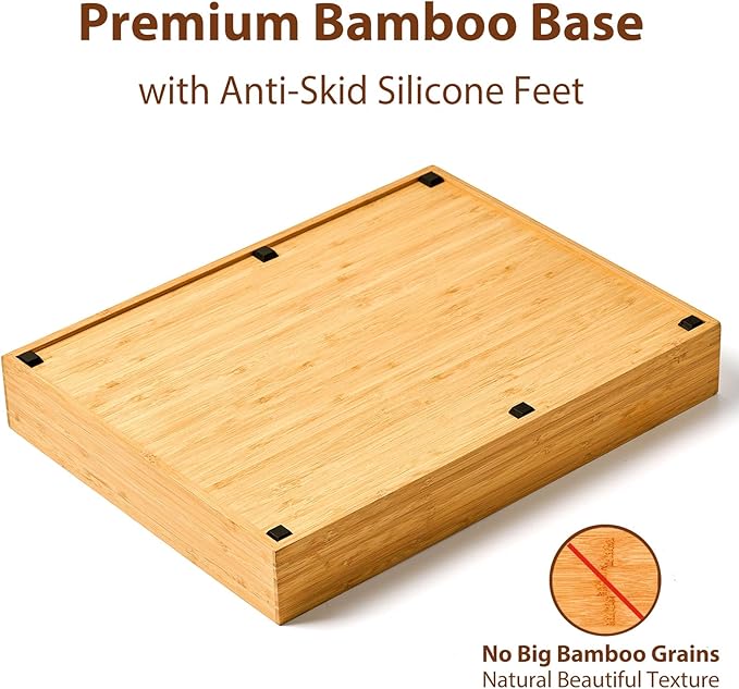 Umilife Kitchen Drawer Organizer, 12.5 Inch Silverware Utensil Tray Holder, Extra Deep, with Non-Slip Feet & Grooved Drawer Divider, 7 Slots Total Bamboo Wood Caddy for Flatware Cutlery Knives