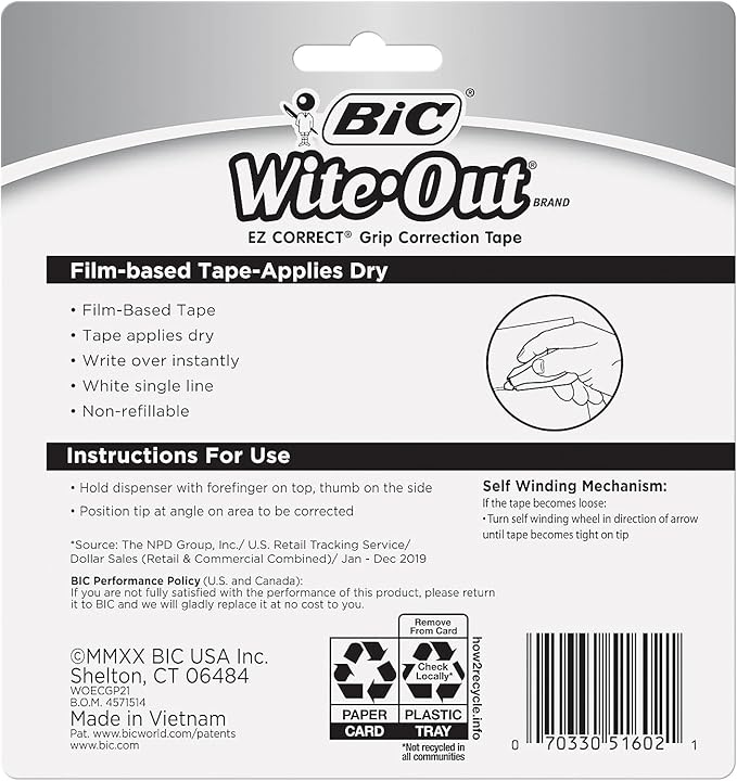 BIC Wite-Out Brand EZ Correct Grip Correction Tape, 19.8 Feet, 2-Count Pack of White Correction Tape, Fast, Clean and Easy to Use Tear-Resistant Tape Office or School Supplies