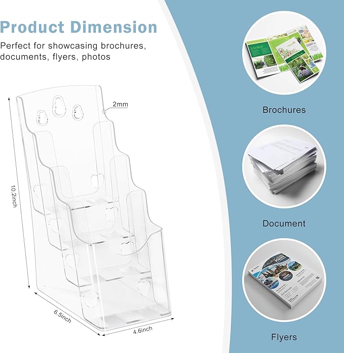 Acrylic Brochure Holder 4 x 9 Inches, 4 Tier Magazine Holder Brochure Display Stand, Clear Pamphlet Flyer Holder, Literature Booklet Holder for Countertop or Wall Mount Use, 2 Pack