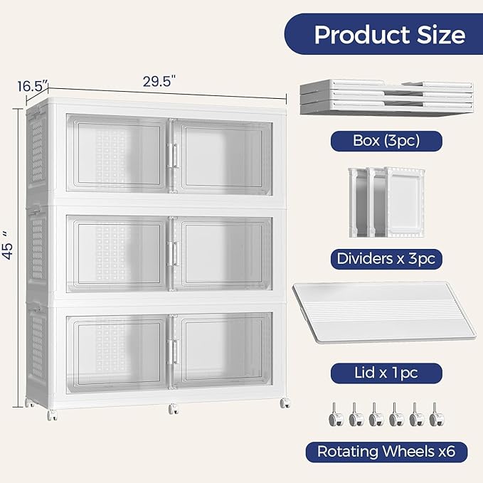 120GAL Storage Bins with Lid and Wheels, Stackable Closet Organizers and Storage Drawer, Collapsible Storage Box with Dividers, Foldable Plastic Cabinets for Room, Kitchen, 3 Pack White