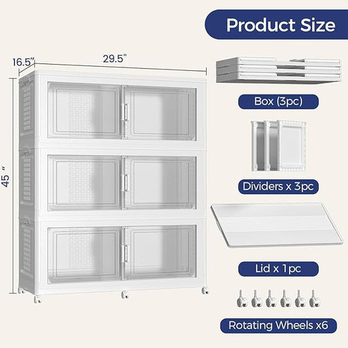 120GAL Storage Bins with Lid and Wheels, Stackable Closet Organizers and Storage Drawer, Collapsible Storage Box with Dividers, Foldable Plastic Cabinets for Room, Kitchen, 3 Pack White