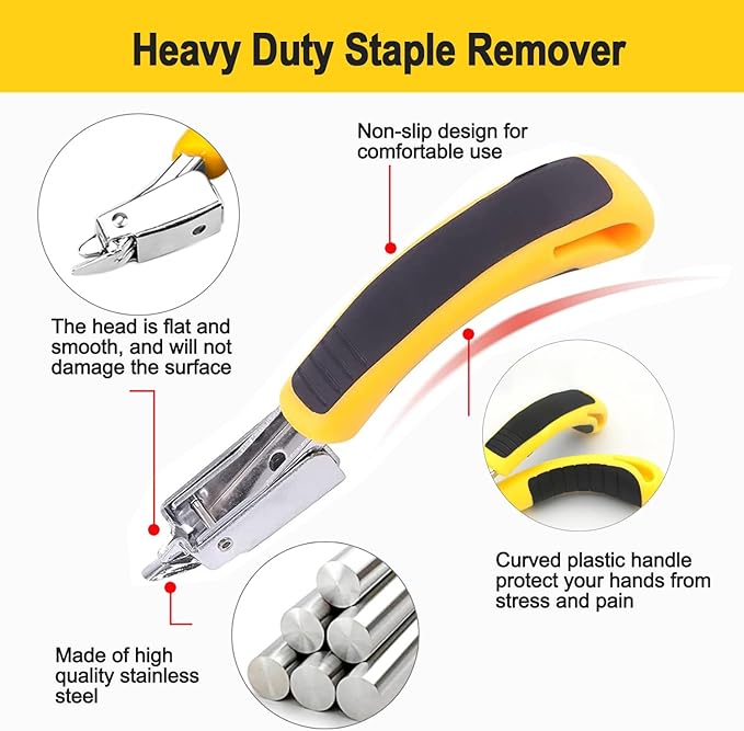 CLcsfwk 2Pcs Staple Remover Heavy Duty Upholstery Staple Puller Tool with Ergonomic Handle for Furniture Floor Wooden Case Carton Photo Frame（Yellow）