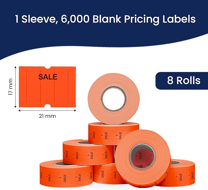 Perco 2 Line Fluorescent Red "SALE" Labels - 8 Rolls, 1 Sleeve, 6,000 Blank Price and Date Gun Labels for Perco 2 Line Price and Date Guns - Made in USA