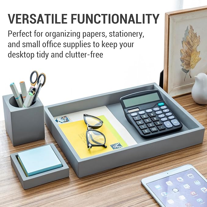 MyGift 3 pcs Set Modern Gray Concrete Desk Organizer Trays, Desktop Office Paper Tray, Stationery Holder Pencil Cup, Sticky Note Pad Holder