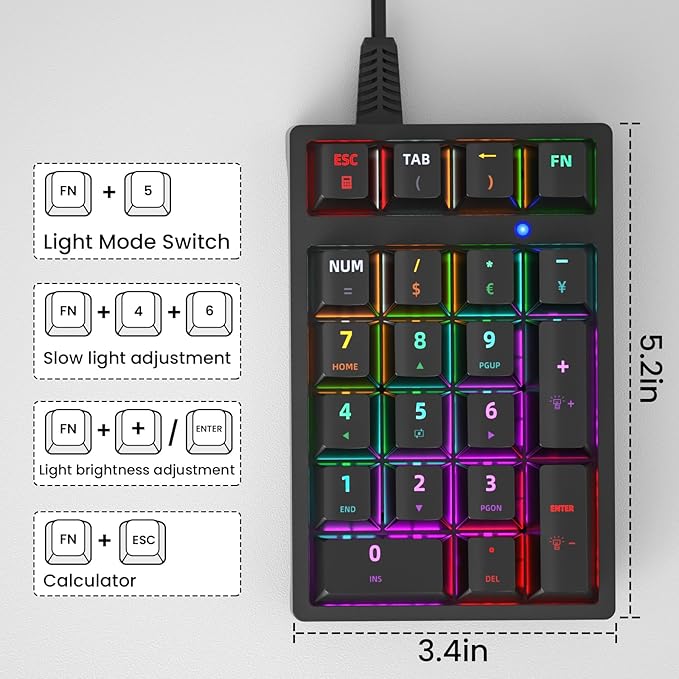 Gurjot Number Pad, Mechanical USB Wired Numeric Keypad with Color Backlit 21 Key Numpad for Laptop Desktop Computer PC Black (Blue Switches)