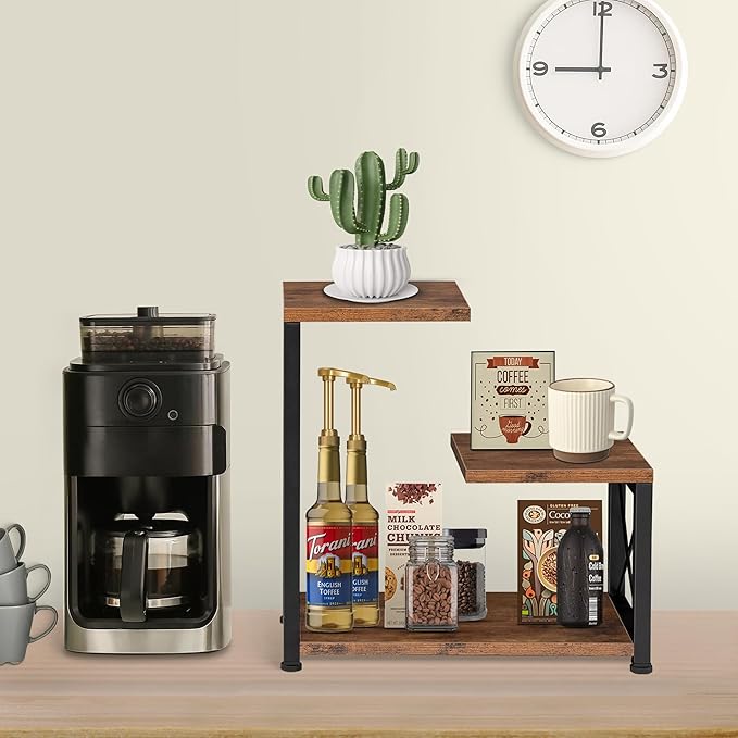 Desk Shelf Organizer, 3 Tier Storage Shelf Riser Display Stand, Wood Desktop Organizer Small Bookshelf, Desktop Shelf for Office Decor and Desk Accessories,Rustic Brown Black