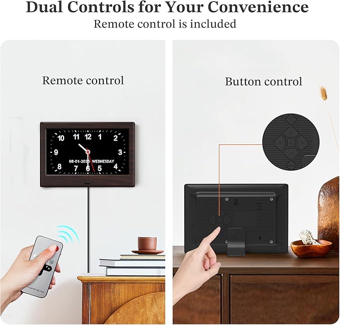 7'' Digital Clocks, 12 Reminders & 6 Alarms, Dementia Clock with Date and Time for Elderly, Auto-Dimming, Button & Remote Control, Auto DST, Digital Calendar for Seniors Large Display, Brown Woodgrain