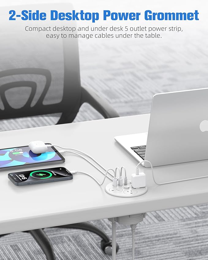 Desktop Power Grommet with 100W USB C, Double-Side Recessed Charging Station Plug in 5AC Outlets & 4 USB Ports, 4-Inch Hole Furniture Flush Mount for Countertop White
