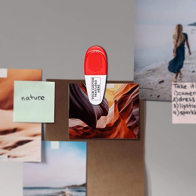 50 Magnetic Memo Holders Set - Customizable Text, Logo - Large Clip, Plastic - White Red