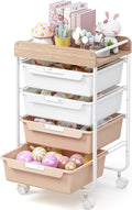 Rolling Storage Utility Cart With 4 Drawers,Kids Craft Art Cart,Makeup Organizer And Storage with Wooden Tabletop,Pearl