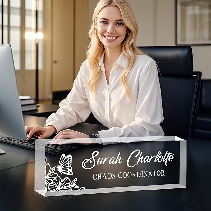 Custom Name Plate for Desk, Personalized Desk Name Plate on Clear Acrylic Glass, Appreciation Gifts for Teacher Employee Boss Coworkers Nurse, Office Desk Accessories for Women Men (Engraved Garden)