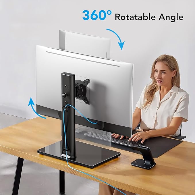 AX WABER Single Monitor Desk Stand Free-Standing Desk Mount Arm Riser for 13 inch to 32 inch Screen Freestanding VESA Mount Base, Adjustable Height, Tilt, Swivel, Rotation, Black AX05TB01